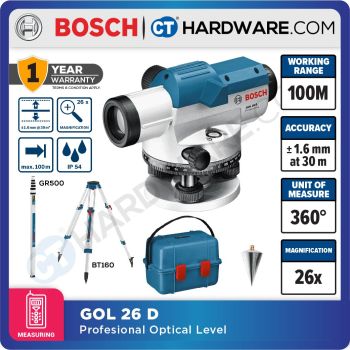 BOSCH GOL 26 D PROFESSIONAL OPTICAL LEVEL MAX 100M | IP 54 |  ± 1.6 MM at 30 M | 26 x [ GOL26D ]