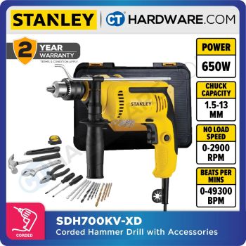 STANLEY SDH700KV CORDED PERCUSSION DRILL WITH ACCESSORIES SET 13MM | 650W 