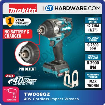 MAKITA TW008GZ 40VMAX CORDLESS BRUSHLESS IMPACT WRENCH 12.7MM (1/2") MID-TORQUE PIN DETENT XGT WITHOUT BATTERY & CHARGER