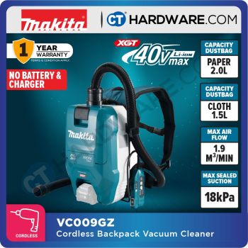 MAKITA VC009GZ CORDLESS BACKPACK VACUUM CLEANER 40VMax | 1.9m³/min | 18 kPa WITHOUT BATTERY AND CHARGER