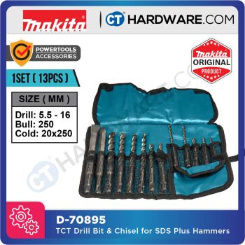 MAKITA D-70895 TCT DRILL BIT + CHISEL SET FOR SDS-PLUS HAMMERS IN ROLL UP POUCH - 13PCS [ D70895 ]