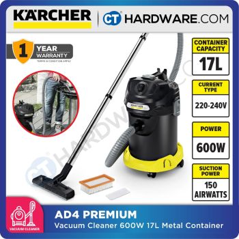 KARCHER AD4 PREMIUM DRY & BAGLESS VACUUM CLEANER 600W 17L METAL CONTAINER 150 AIR WATTS [ YEAR END SALE ]