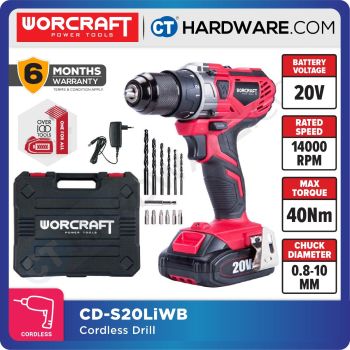 WORCRAFT CD-S20LiWB CORDLESS DRILL 20V | 10MM COME WITH 1x2.0AH BATTERY, 1x CHARGER & ACCESSORIES SET [ CDS20LIWB ]
