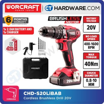 WORCRAFT CHD-S20LiBAB CORDLESS BRUSHLESS DRILL 20V | 10MM COME WITH 1x 2.0AH BATTERY & 1x CHARGER [ CHDS20LIBAB ]