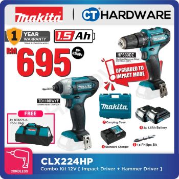 MAKITA CLX224HP COMBO KIT 12V TD110D IMPACT DRIVER + HP333D HAMMER DRILL COME WITH 2x 1.5AH BATTERY & 1x CHARGER