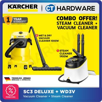 Karcher combo SC 3 Deluxe Steam Cleaner 1900W | 3.5BAR | Medium Duty + WD3V Wet & Dry Vacuum Cleaner 1000W | 200MBAR | 17L [ SC3DELUXE + WD3V ] [ PARENT'S DAY SPECIALS ]