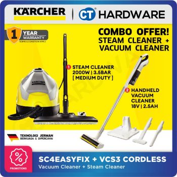 Karcher combo VCS3 CORDLESS Handheld Vacuum Cleaner 18V | 2.5Ah + SC4 EASYFIX Steam Cleaner 2000W | 3.5 BAR | Medium Duty [ VCS3CORDLESS + SC4EASYFIX ] [ PARENT'S DAY SPECIALS ]
