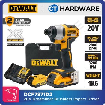 DEWALT DCF7871D2 BRUSHLESS IMPACT DRIVER 20V 2.0AH 170NM 0-2800RPM COME WITH 2 BATTERY 1 CHARGER