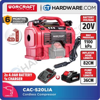 WORCRAFT CAC-S20LiA CORDLESS MULTI AIR PUMP 20V | 11 BAR | 160PSI | 1100KPA [ CACS20LIASOLO ] [ONE FOR ALL FAMILY]-2x BATTERY PACK