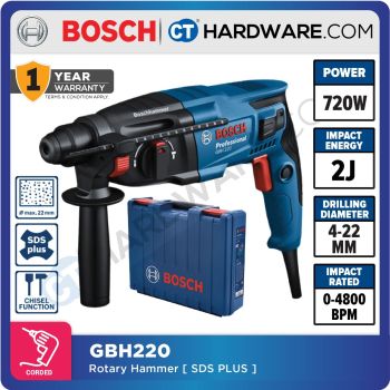 BOSCH GBH 220 PROFESSIONAL CORDED ROTARY HAMMER SDS PLUS | 3-MODES | 720W (GBH220) [ 06112A60L0 ] [ CNY PROMO 2024 ]