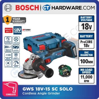 BOSCH GWS 18V-15 SC 100MM CORDLESS BRUSHLESS ANGLE GRINDER 4" 18V  WITHOUT BATTERY & CHARGER 06019H61B2   ( SOLO ) BITURBO