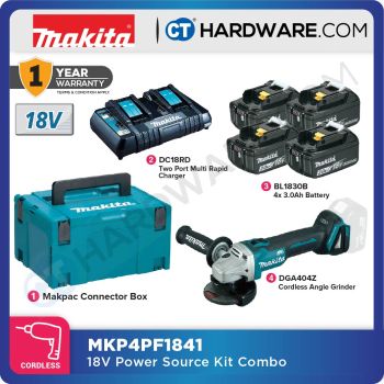 MAKITA MKP4PF1841 POWER SOURCE KIT  [ MAKPAC CONNECTOR | 4x 3.0AH BATTERY  ( BL1830B )  | 1x TWO PORT CHARGER ( 198787-7 ) ] COME WITH DGA404Z CORDLESS ANGLE GRINDER 