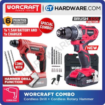 WORCRAFT COMBO CRHS20LIESOLO CORDLESS ROTARY HAMMER + CDS20LIWB CORDLESS DRILL COME WITH 1x2.0H BATTERY & 1xCHARGER