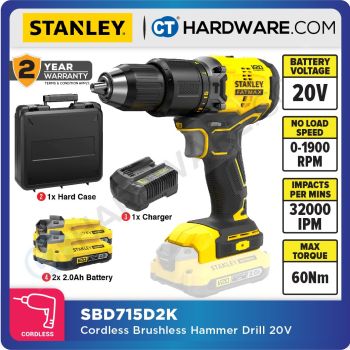 STANLEY SBD715D2K-B1 CORDLESS BRUSHLESS HAMMER DRILL DRIVER 20V COME WITH 2x 2.0AH BATTERY & 1x CHARGER ( SBD715D2K )  [ CNY PROMO 2024 ]