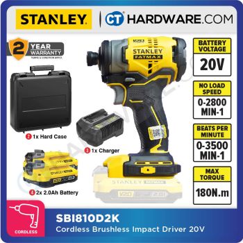 STANLEY SBI810D2K 20V CORDLESS BRUSHLESS IMPACT DRIVER COME WITH 2x 2.0AH BATTERY & 1x CHARGER [ CNY PROMO 2024 ]