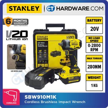 STANLEY SBW910M1K CORDLESS BRUSHLESS IMPACT WRENCH 20V 3100IPM 370NM COME WITH 4.0AH BATTERY & CHARGER (SBW910M1K-B1)