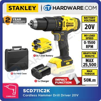 STANLEY SCD711C2K CORDLESS HAMMER DRILL DRIVER 20V 13MM COME WITH 1x 1.5AH BATTERY & 1x CHARGER