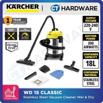 KARCHER WD 1S CLASSIC STAINLESS STEEL WET AND DRY VACUUM CLEANER 18L | 1300W | 200MBAR | CABLE 5M [ WD1SCLASSIC ] [ 25 ANNIVERSARY SALE ]