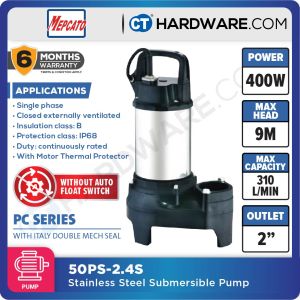 MEPCATO 50PS-2.4S STAINLESS STEEL SUBMERSIBLE PUMP 2" | 400W | 310L/MIN | 9M/H | NON AUTO WITH ITALY DOUBLE MECH SEAL [ 50PS24S ]