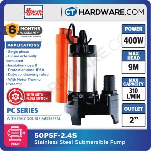 MEPCATO 50PSF-2.4S STAINLESS STEEL SUBMERSIBLE PUMP 2" | 400W | 310L/MIN | 9M/H | NON AUTO WITH ITALY DOUBLE MECH SEAL [ 50PSF24S ]