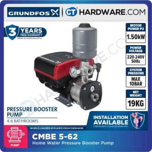 GRUNDFOS CMBE 5-62 HOME WATER PRESSURE BOOSTER PUMP I-U-C-G-D-B | 1.5KW | 1PH | 99953871 | 2L TANK | 68MH | 130L/MIN [ CMBE562 ]