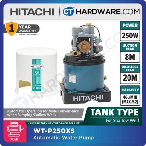 HITACHI WT-P250XS AUTOMATIC PUMP TANK TYPE FOR SHALLOW WELLS 1" | 250W | 7M(S) | 35M(H) | 43L/MIN  ( ROUND TYPE )  [ WTP250XS ]