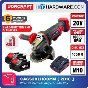 WORCRAFT CAG-S20Li-100MM CORDLESS ANGLE GRINDER 20V | 10000RPM | 100MM | M10 [ CAGS20LI100MM ] [ ONE FOR ALL ]